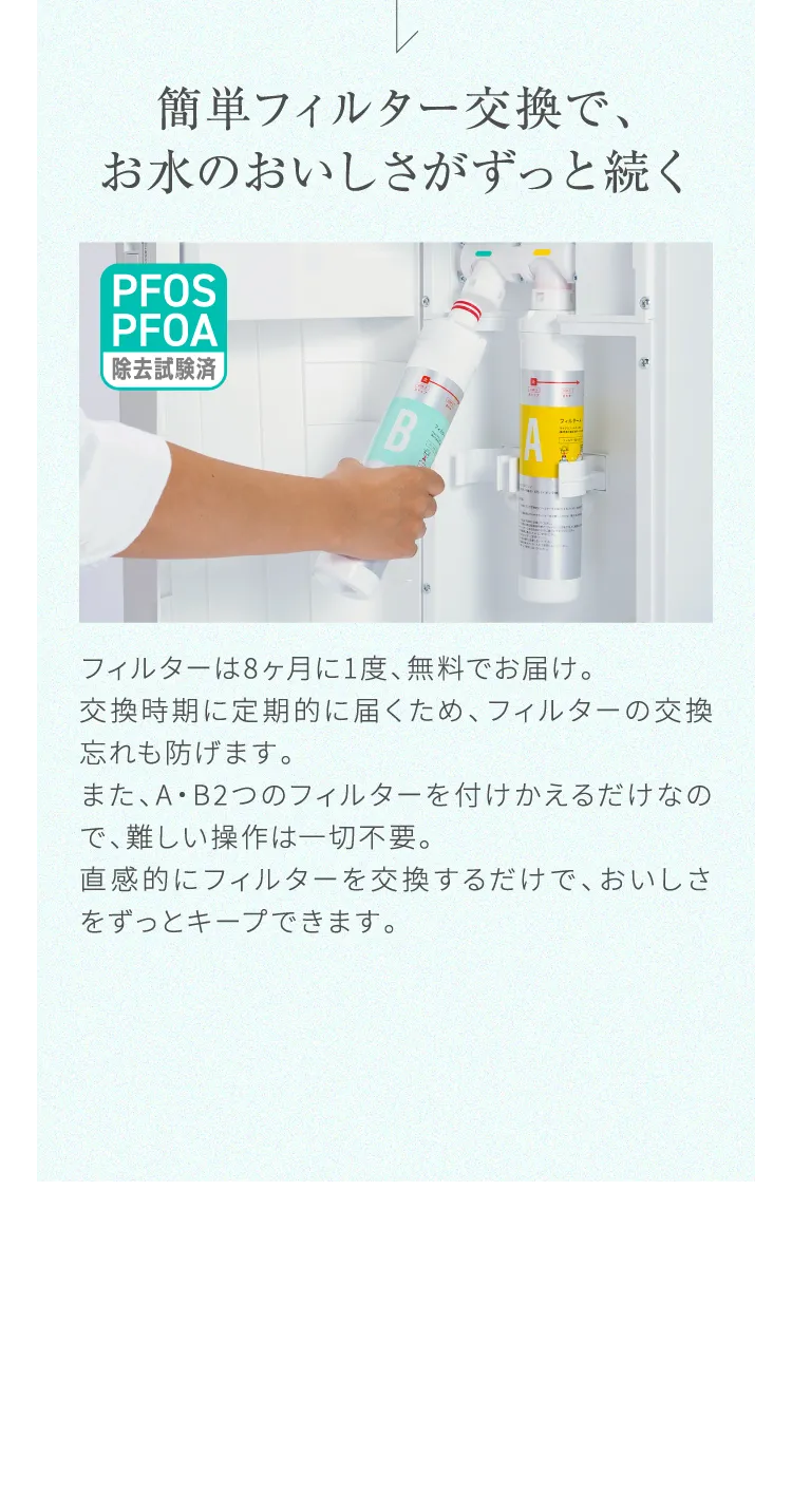 簡単フィルター交換で、お水のおいしさがずっと続く