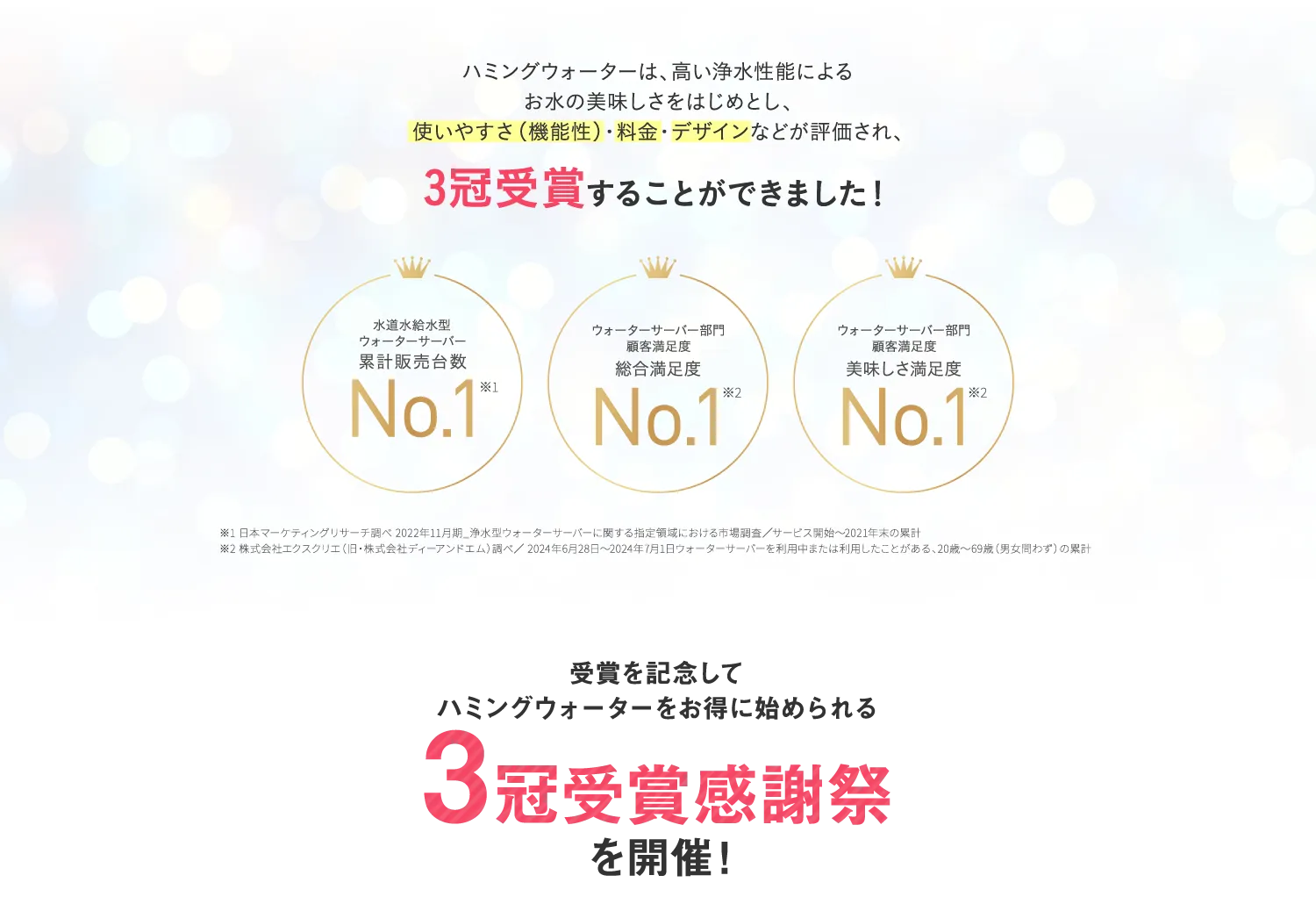 3冠受賞 水道水給水型ウォーターサーバー累計販売台数No.1 顧客満足度 総合満足度No.1 美味しさ満足度No.1 3冠受賞感謝祭を開催！
