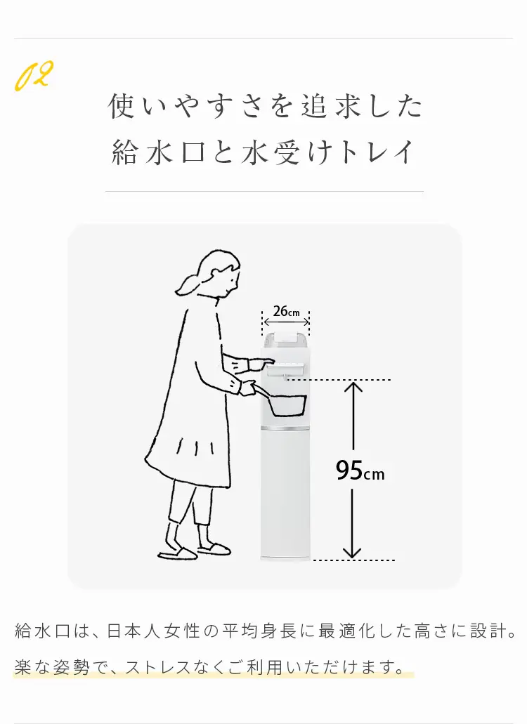 使いやすさを追求した給水口と水受けトレイ